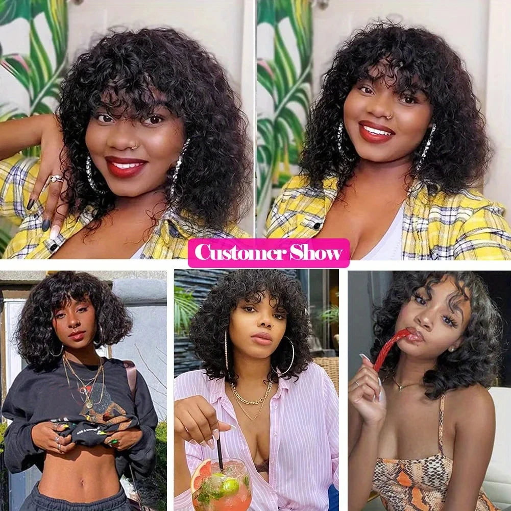 Curly Short Bob Cut Human Hair Wigs With Bangs Bob Wig Kinky Curly Wigs Human Hair Bob With Bang For Women Full Machine Made Wig