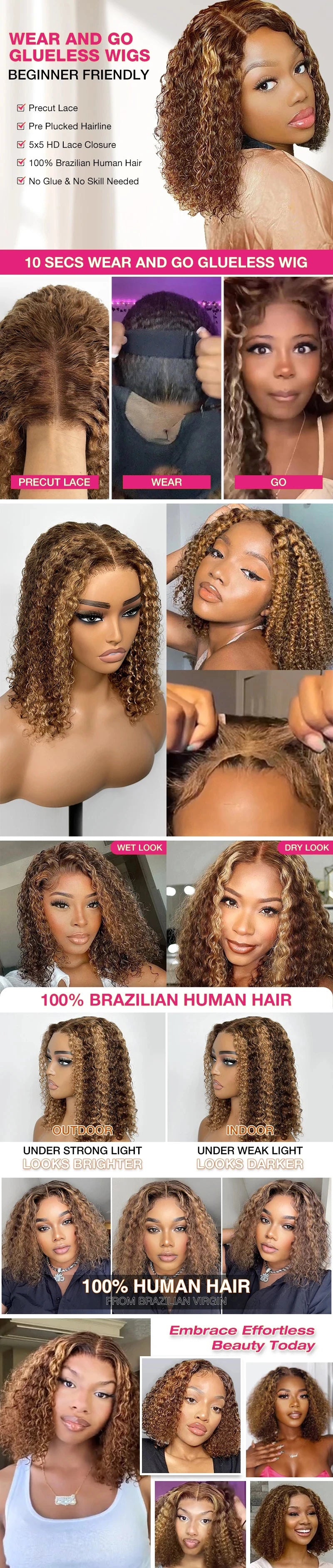 #4/27 Highlight Glueless Wig Human Hair Deep Wave BOB Wig Ready To Go 7x5 Glueless Wigs for Women curly Wigs Pre Plucked Wigs