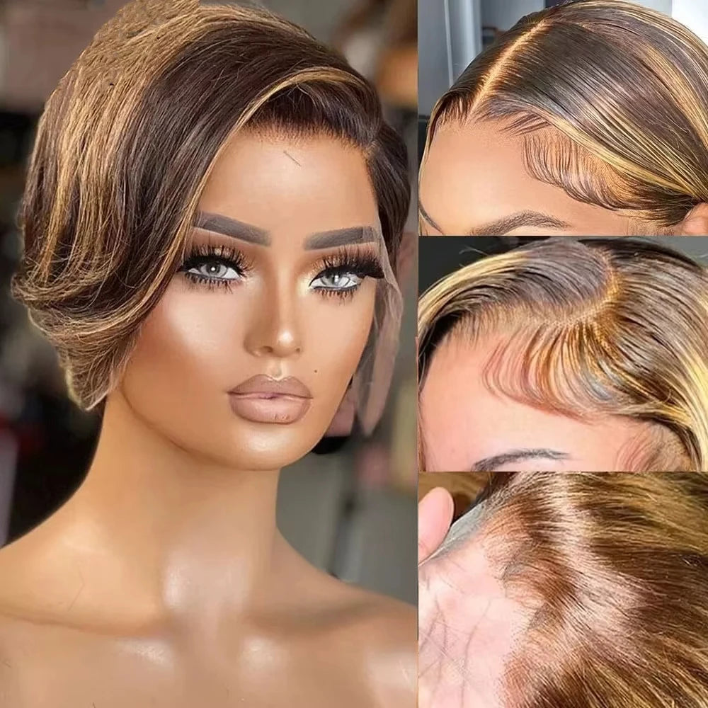 4/27 Straight Pixie Cut Human Hair Wigs Colored Short Pixie Cut Preplucked Wig Honey Blonde Hair 13x4 Lace Front Human Hair Wig