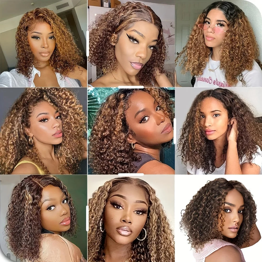 100% Human Hair Curly Short Bob Wig with 4/27 Honey Blonde 13x4 Lace Front Deep Wave Virgin Hair 200% Density Deep Wave Bob Wigs