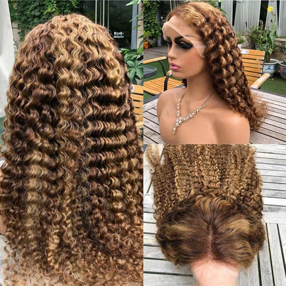 Deep Wave Frontal Wig HD Highlight Wig Human Hair Transparent 13x6 Honey Blonde Lace Front Wigs For Women Curly Human Hair Wig