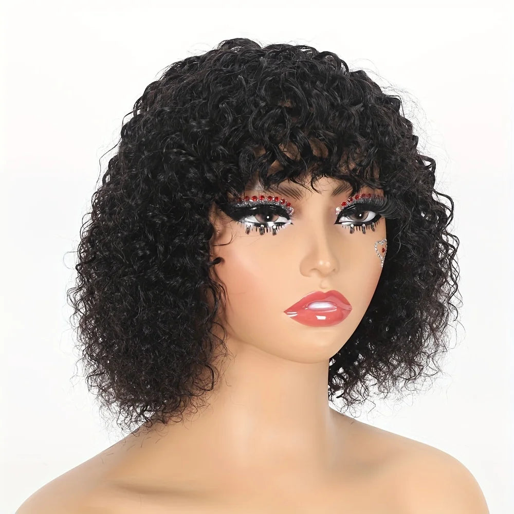 Curly Short Bob Cut Human Hair Wigs With Bangs Bob Wig Kinky Curly Wigs Human Hair Bob With Bang For Women Full Machine Made Wig