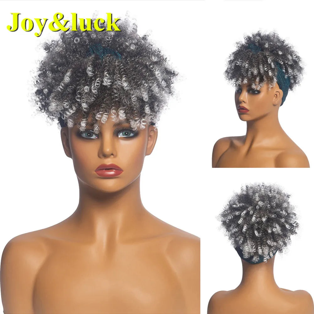 Synthetic Headband Wig Afro Kinky Curly Brown Wigs For Women Black Turban Link Natural Short Curly Hair