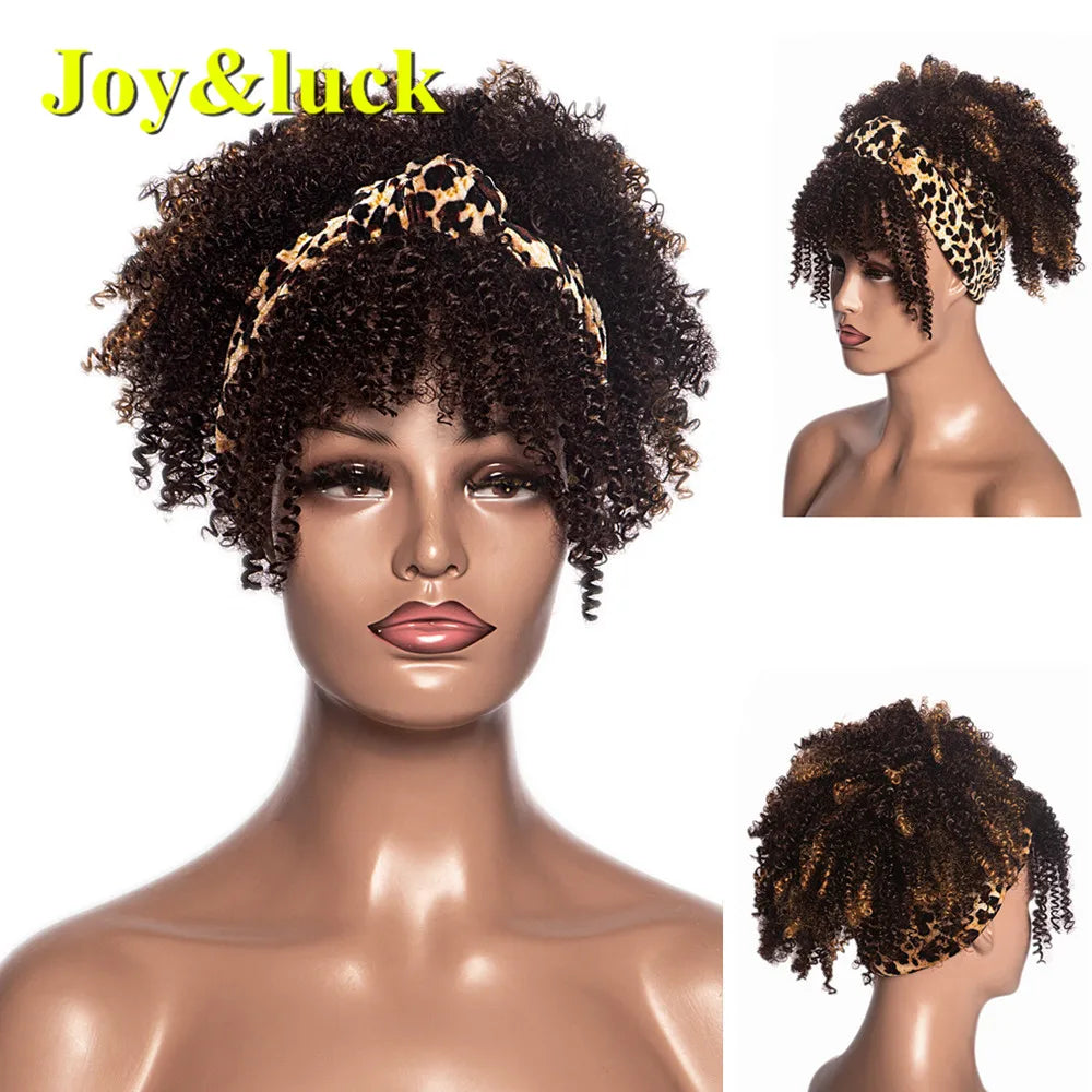 Synthetic Headband Wig Afro Kinky Curly Brown Wigs For Women Black Turban Link Natural Short Curly Hair