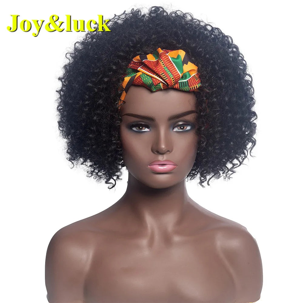 Synthetic Headband Wig Afro Kinky Curly Brown Wigs For Women Black Turban Link Natural Short Curly Hair