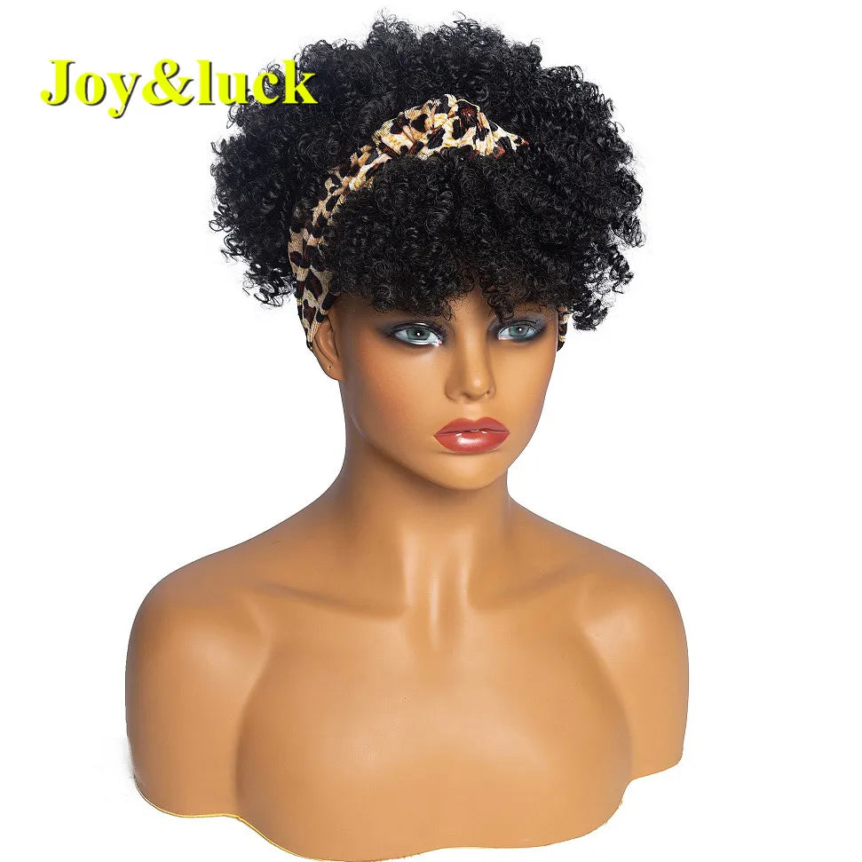 Synthetic Headband Wig Afro Kinky Curly Brown Wigs For Women Black Turban Link Natural Short Curly Hair