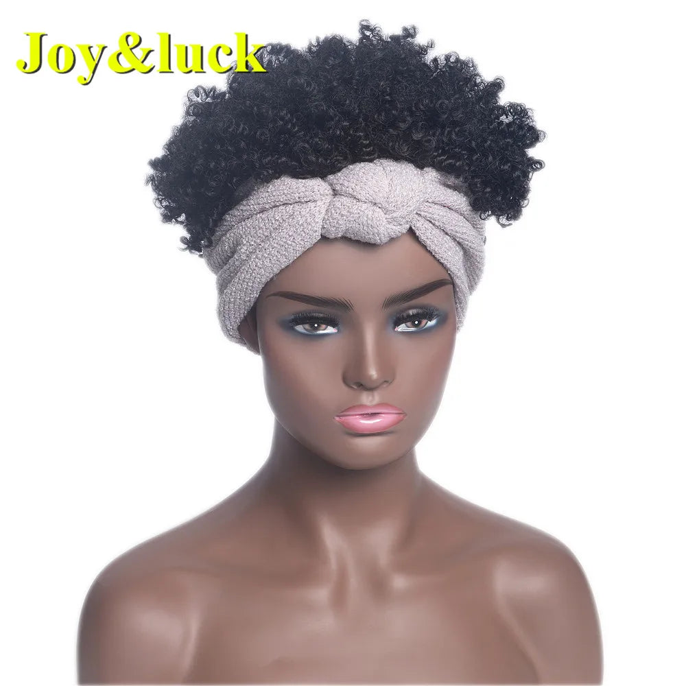 Synthetic Headband Wig Afro Kinky Curly Brown Wigs For Women Black Turban Link Natural Short Curly Hair