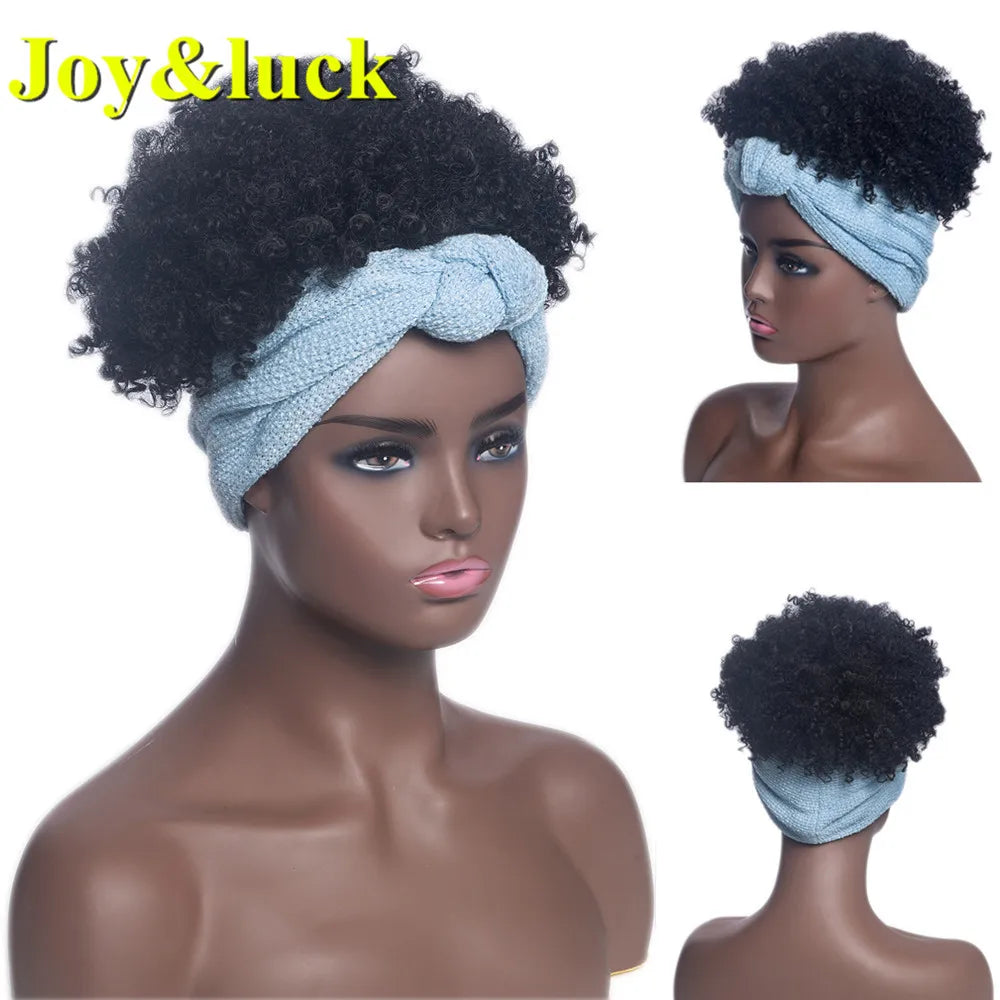 Synthetic Headband Wig Afro Kinky Curly Brown Wigs For Women Black Turban Link Natural Short Curly Hair