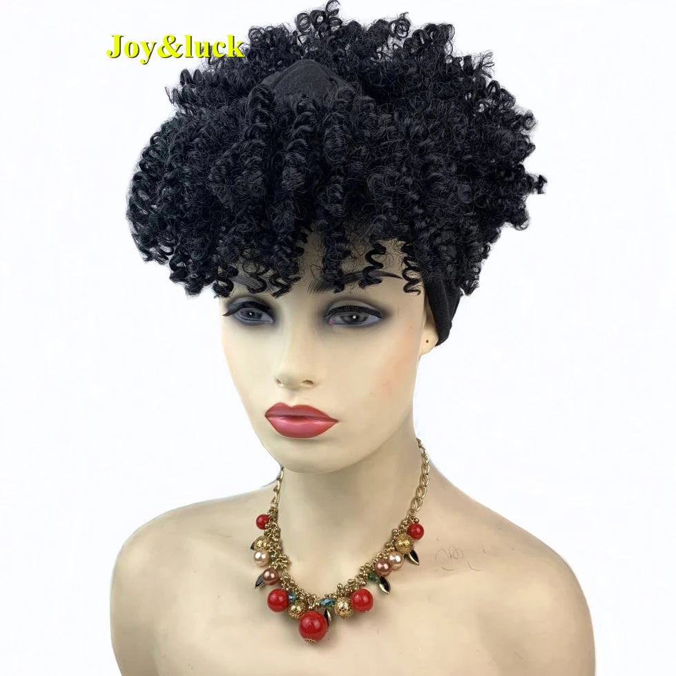 Synthetic Headband Wig Afro Kinky Curly Brown Wigs For Women Black Turban Link Natural Short Curly Hair