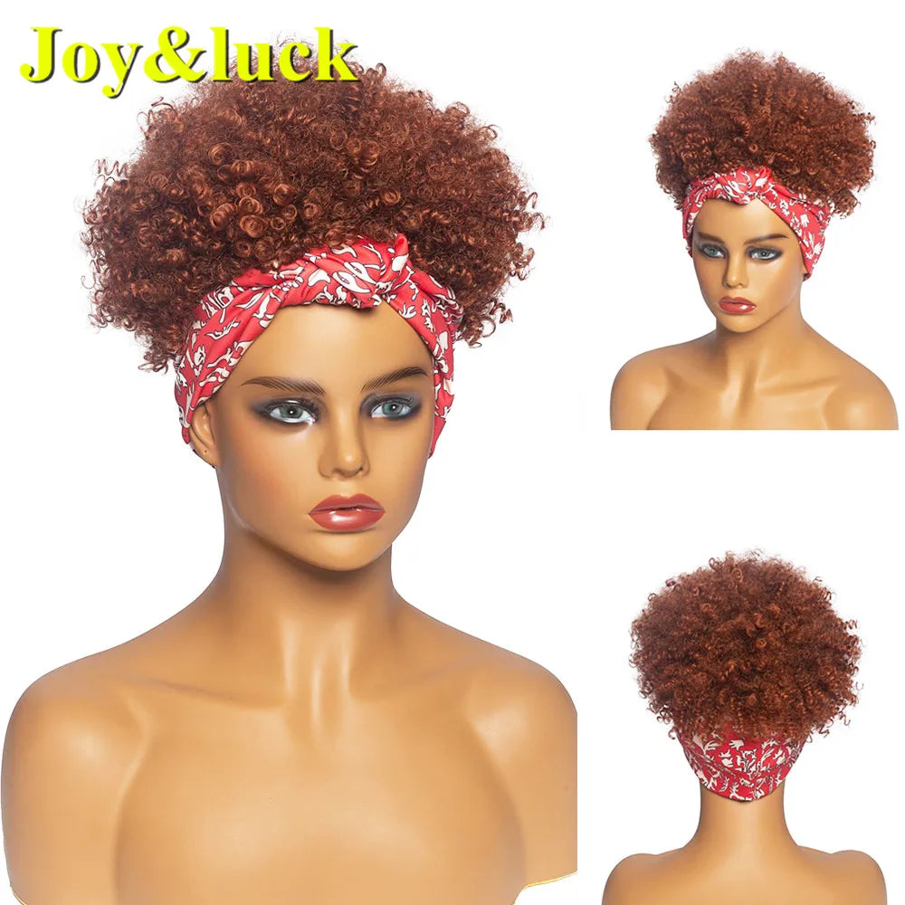 Synthetic Headband Wig Afro Kinky Curly Brown Wigs For Women Black Turban Link Natural Short Curly Hair