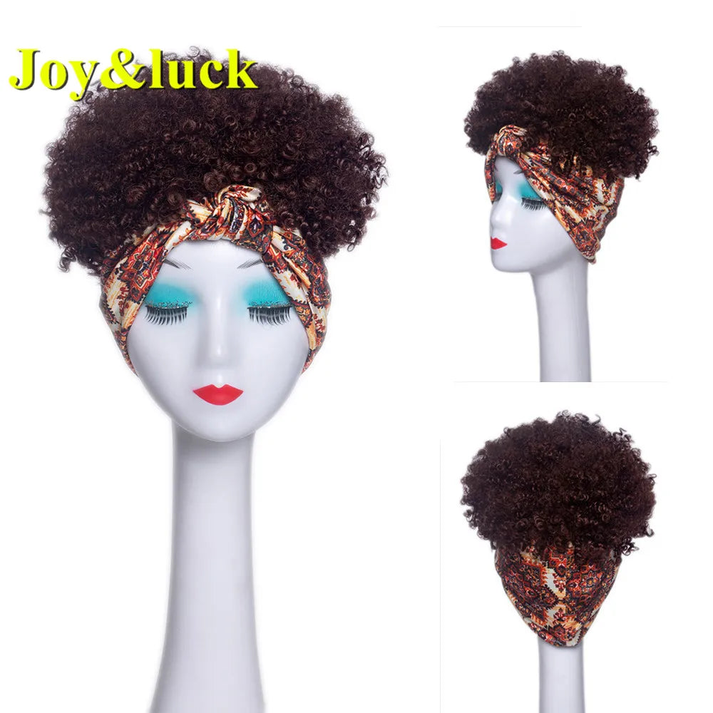 Synthetic Headband Wig Afro Kinky Curly Brown Wigs For Women Black Turban Link Natural Short Curly Hair