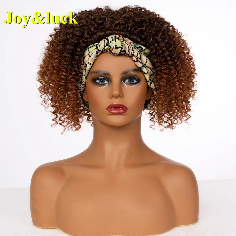 Synthetic Headband Wig Afro Kinky Curly Brown Wigs For Women Black Turban Link Natural Short Curly Hair