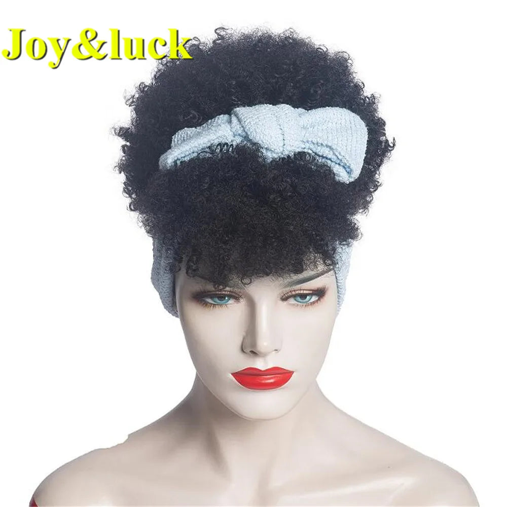 Synthetic Headband Wig Afro Kinky Curly Brown Wigs For Women Black Turban Link Natural Short Curly Hair