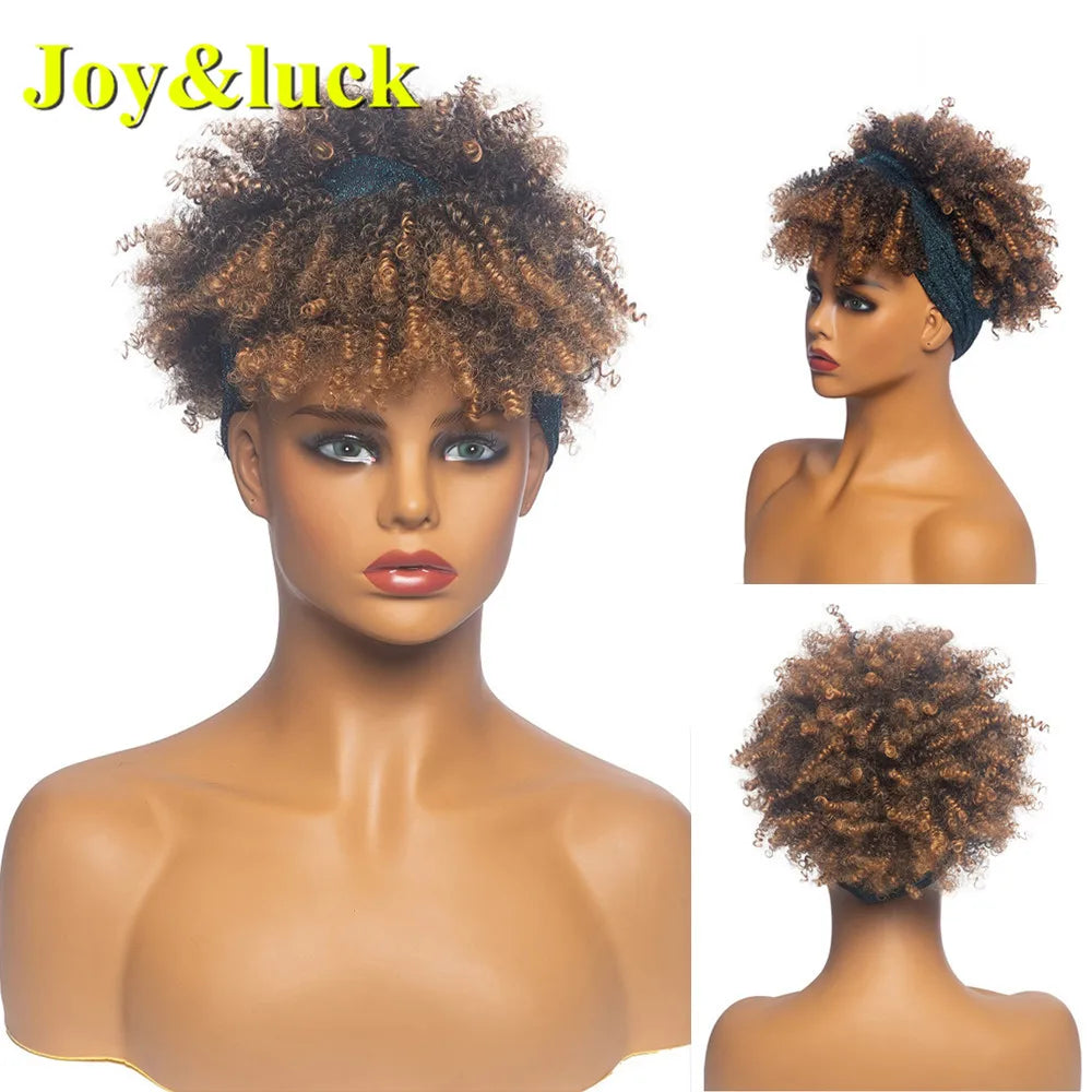 Synthetic Headband Wig Afro Kinky Curly Brown Wigs For Women Black Turban Link Natural Short Curly Hair