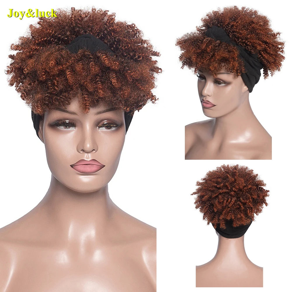 Synthetic Headband Wig Afro Kinky Curly Brown Wigs For Women Black Turban Link Natural Short Curly Hair