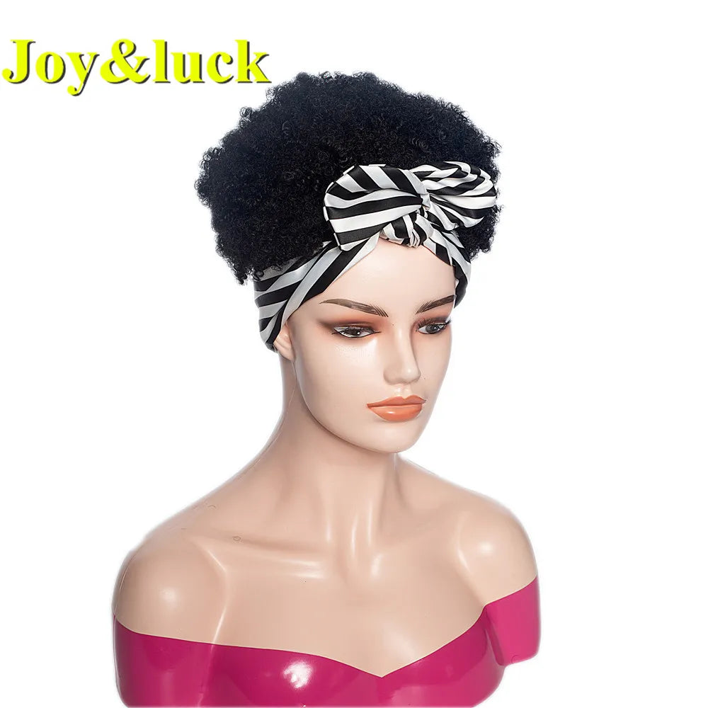 Synthetic Headband Wig Afro Kinky Curly Brown Wigs For Women Black Turban Link Natural Short Curly Hair