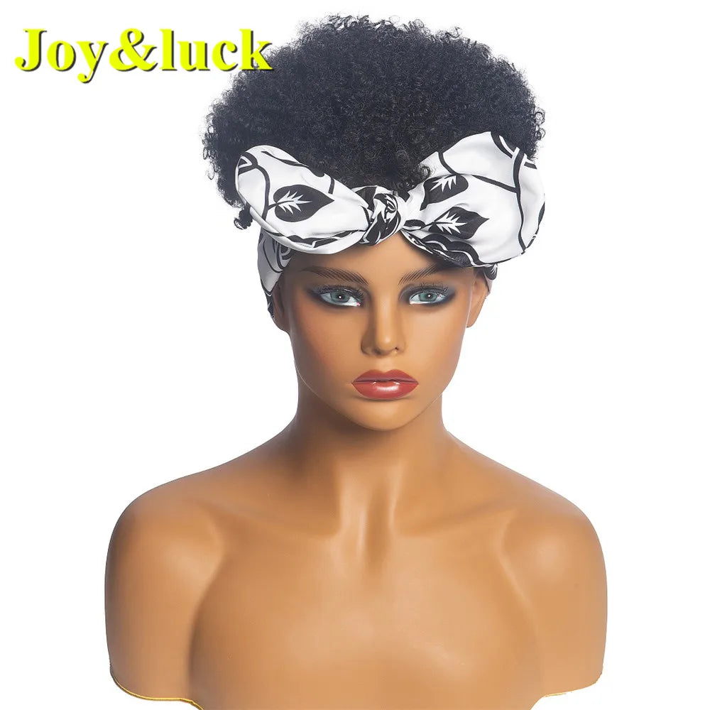 Synthetic Headband Wig Afro Kinky Curly Brown Wigs For Women Black Turban Link Natural Short Curly Hair