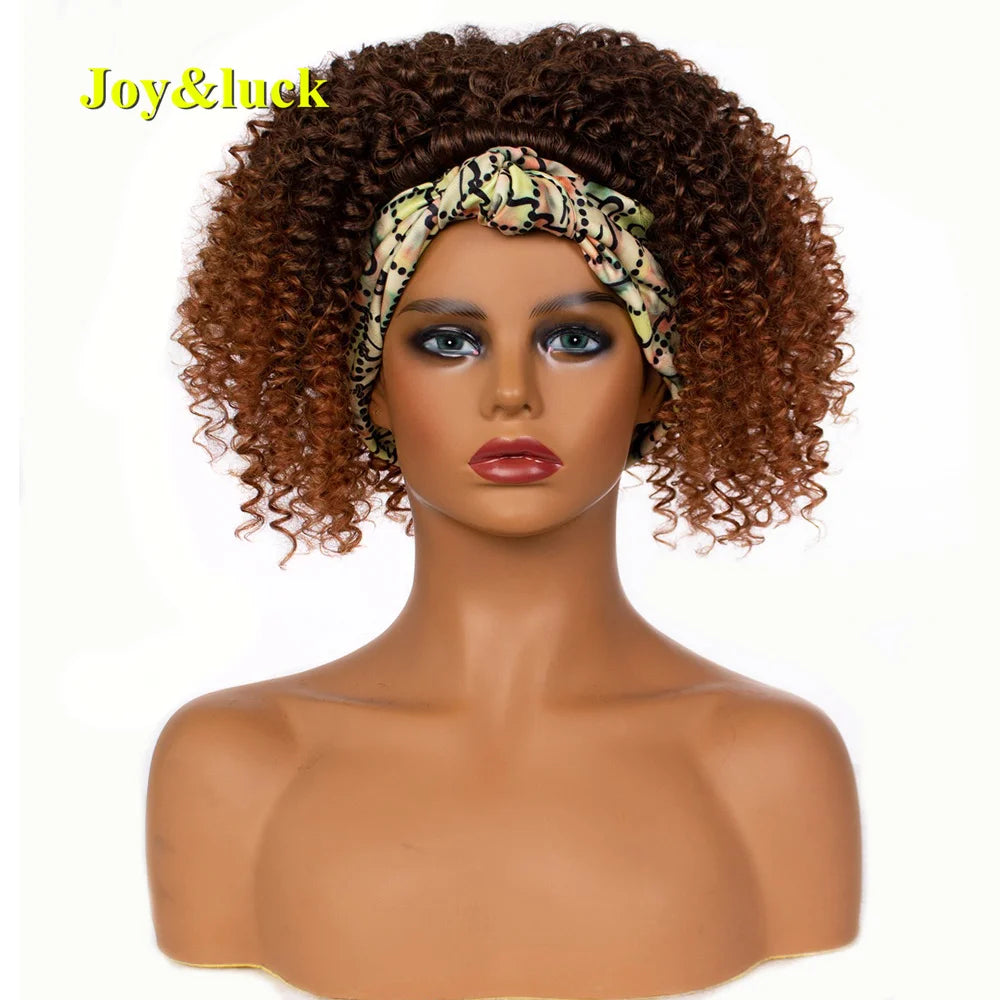 Synthetic Headband Wig Afro Kinky Curly Brown Wigs For Women Black Turban Link Natural Short Curly Hair