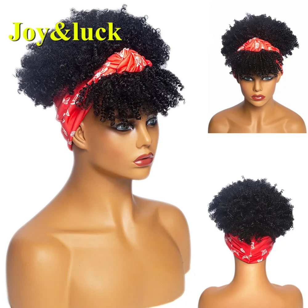 Synthetic Headband Wig Afro Kinky Curly Brown Wigs For Women Black Turban Link Natural Short Curly Hair