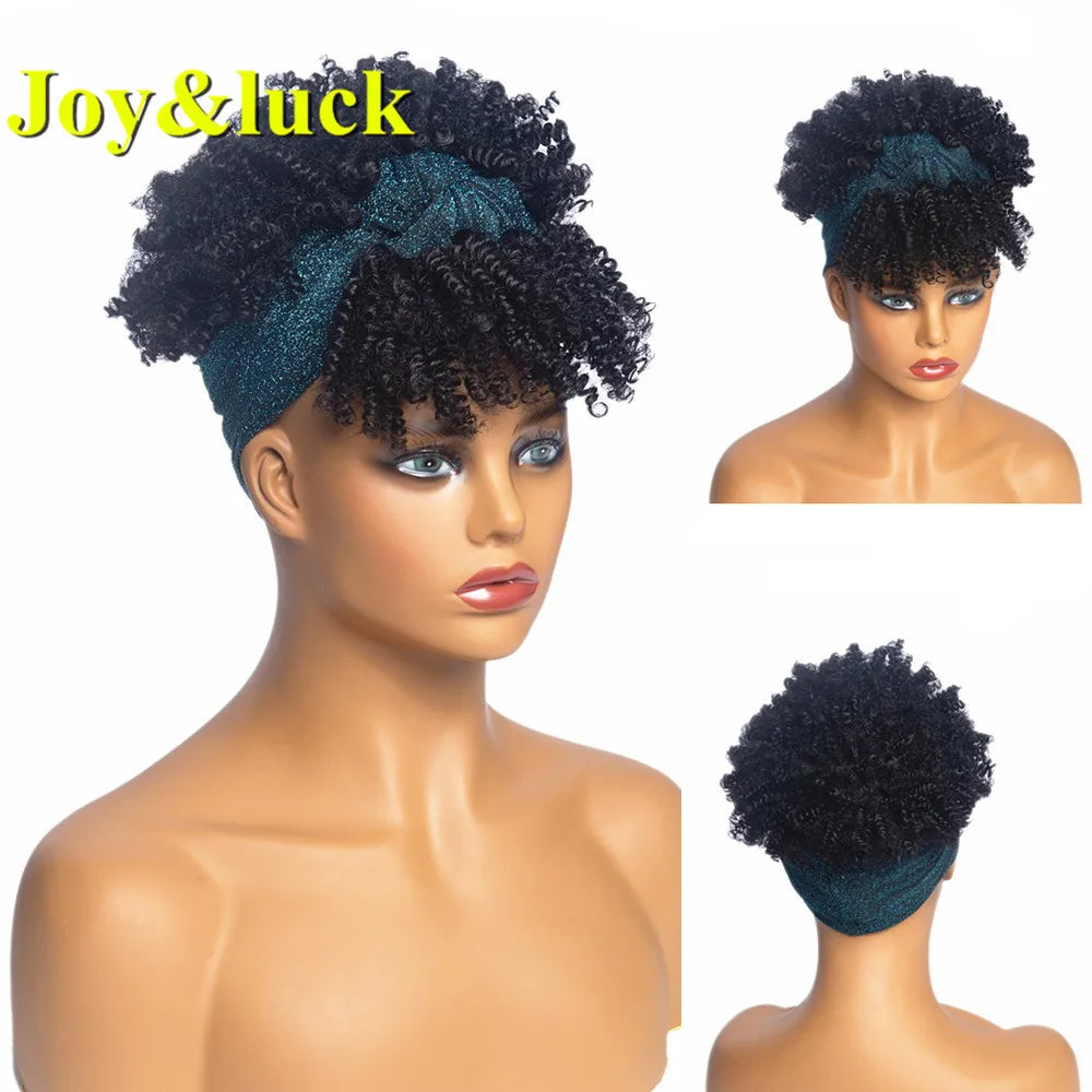 Synthetic Headband Wig Afro Kinky Curly Brown Wigs For Women Black Turban Link Natural Short Curly Hair