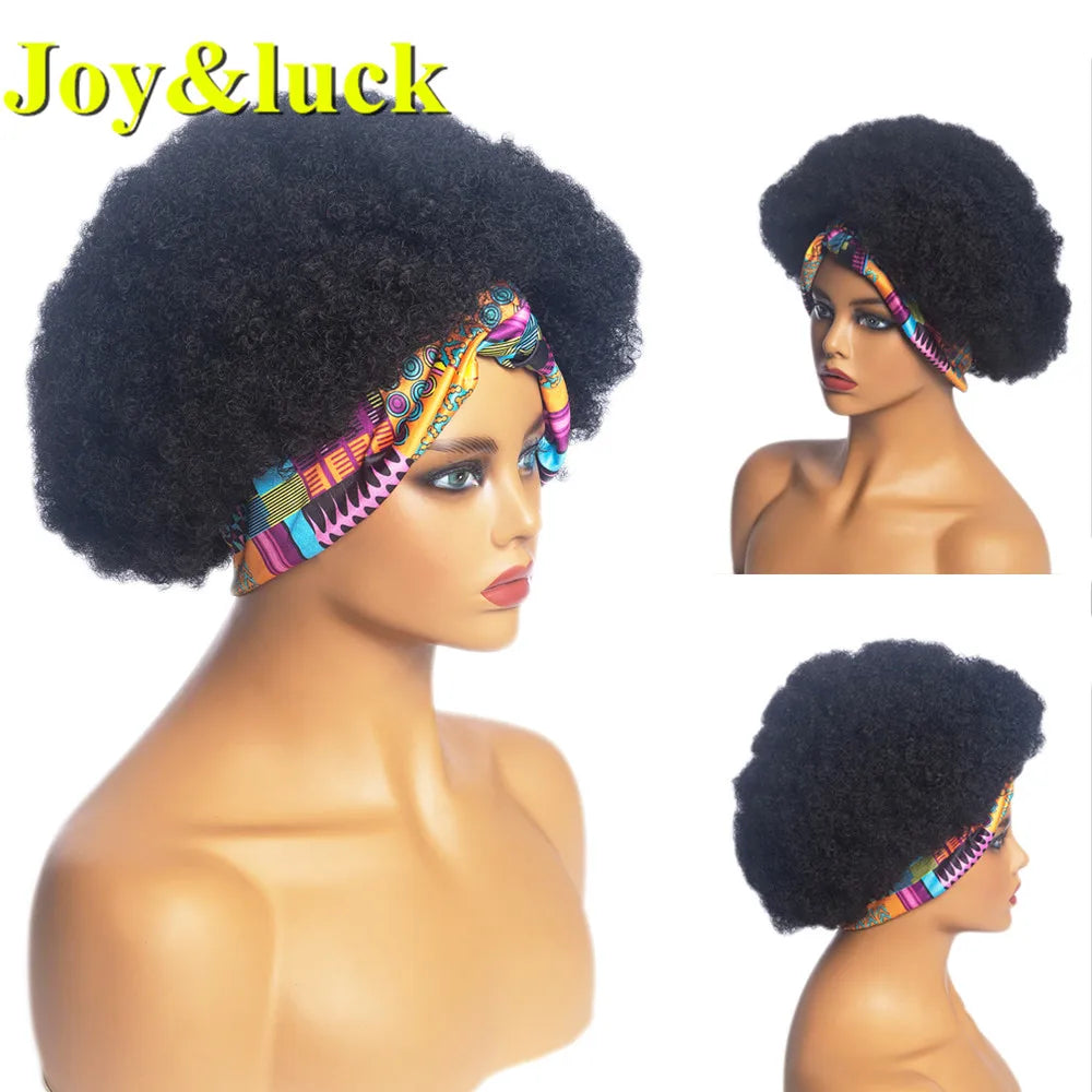 Synthetic Headband Wig Afro Kinky Curly Brown Wigs For Women Black Turban Link Natural Short Curly Hair