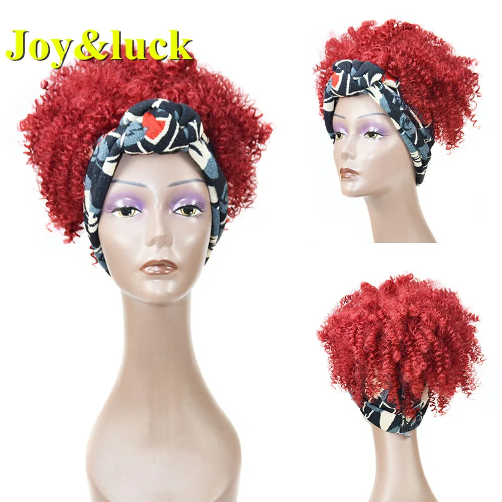 Synthetic Headband Wig Afro Kinky Curly Brown Wigs For Women Black Turban Link Natural Short Curly Hair