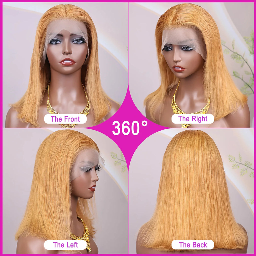 #30 Honey Blonde Human Hair Wig Straight Bob Wig 100% Human Hair Pre Plucked 200 Density Short Gold Wig 13x4 Hd Lace Front Wig