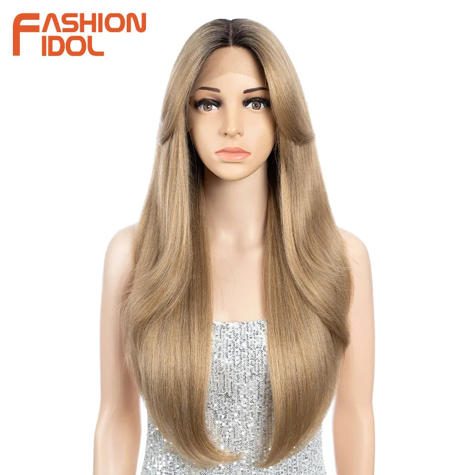 FASHION IDOL 26 Inch Long Straight Lace Front Wig With Bangs Synthetic Hair Ombre Black Blonde Highlight Cosplay Wigs For Women