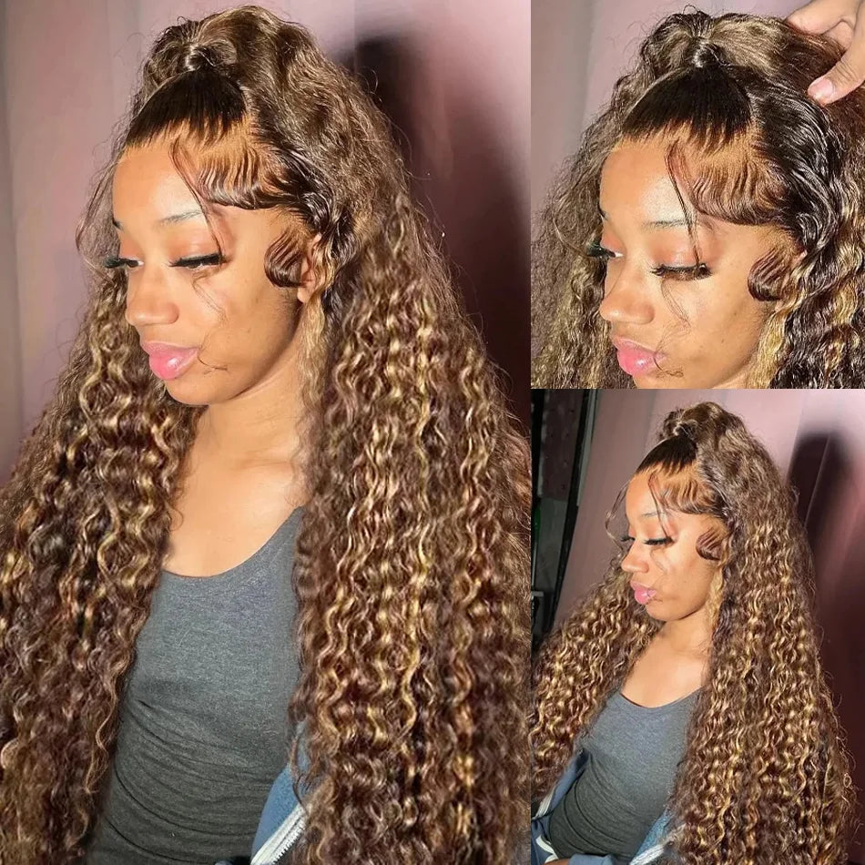 Deep Wave Frontal Wig HD Highlight Wig Human Hair Transparent 13x6 Honey Blonde Lace Front Wigs For Women Curly Human Hair Wig