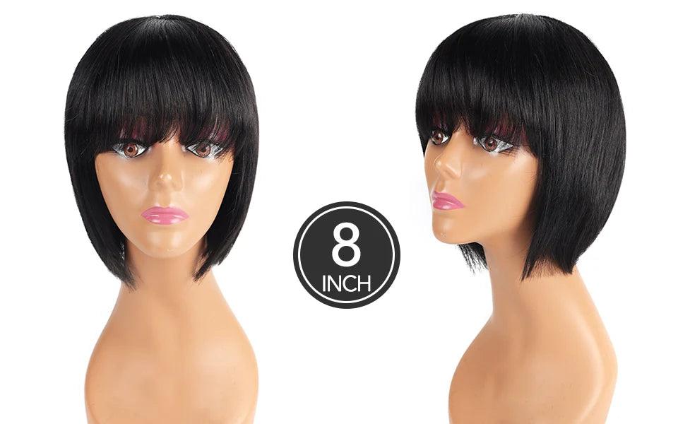 Straight Human Hair Wigs With Bangs Remy Brazilian Cute Bob Cut Human Hair Wig 100% Natural Bob Bangs Wig