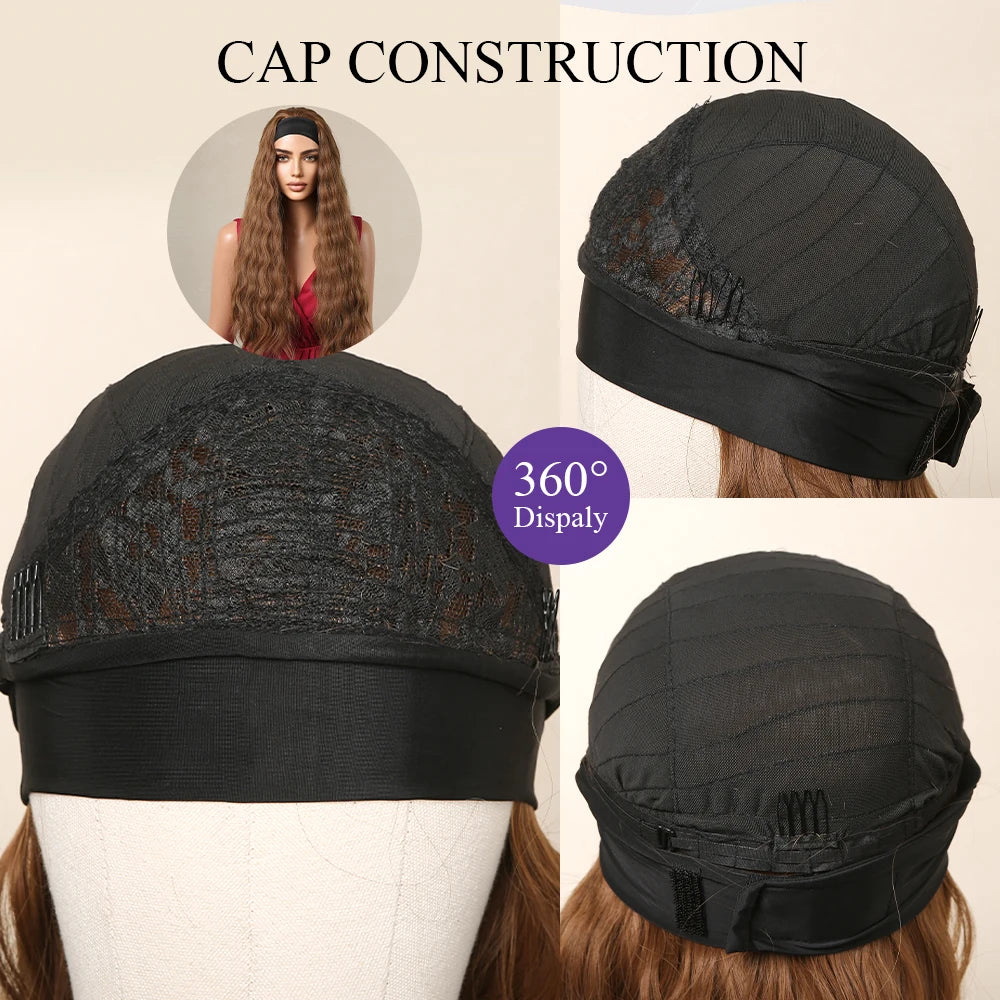 Brown Headband Synthetic Wig Long Curly Wavy Wig Natural Looking Daily Hair for Women Party Cosplay Use High Temperature Fiber