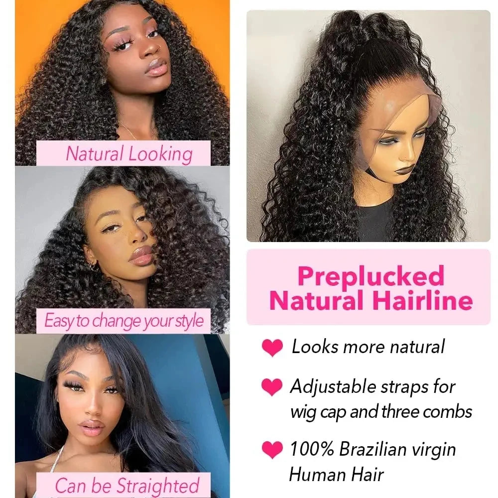 QT Brazilian 13x4 Kinky Curly Lace Front Wigs Transparent Lace Frontal Curly Wigs For Black Women Pre Plucked With Baby Hair
