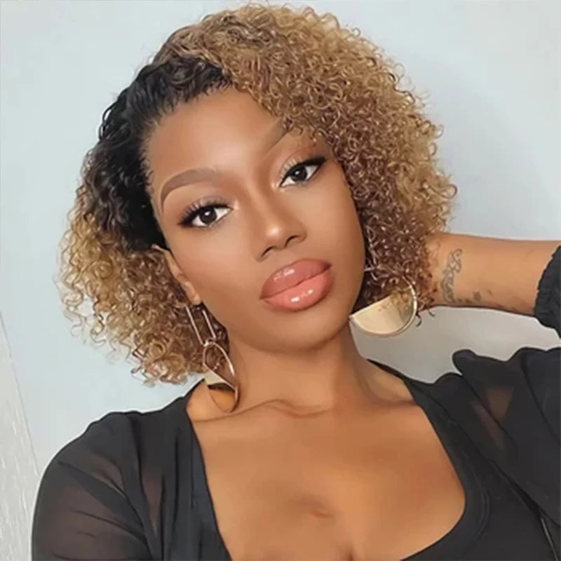 Short Curly Human Hair Wigs Afro Curly Wave Side Part Wig for Women Full Machine Made Human Hair Natural Black Blonde Wig
