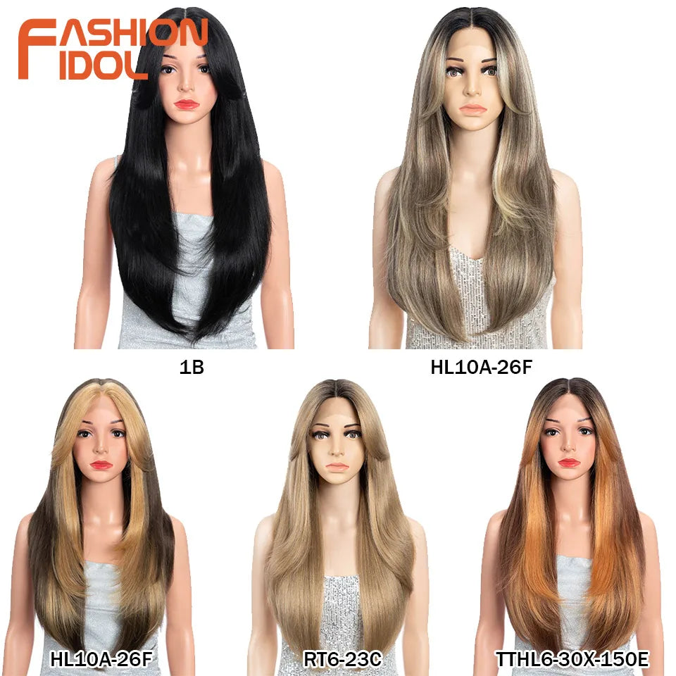 FASHION IDOL 26 Inch Long Straight Lace Front Wig With Bangs Synthetic Hair Ombre Black Blonde Highlight Cosplay Wigs For Women
