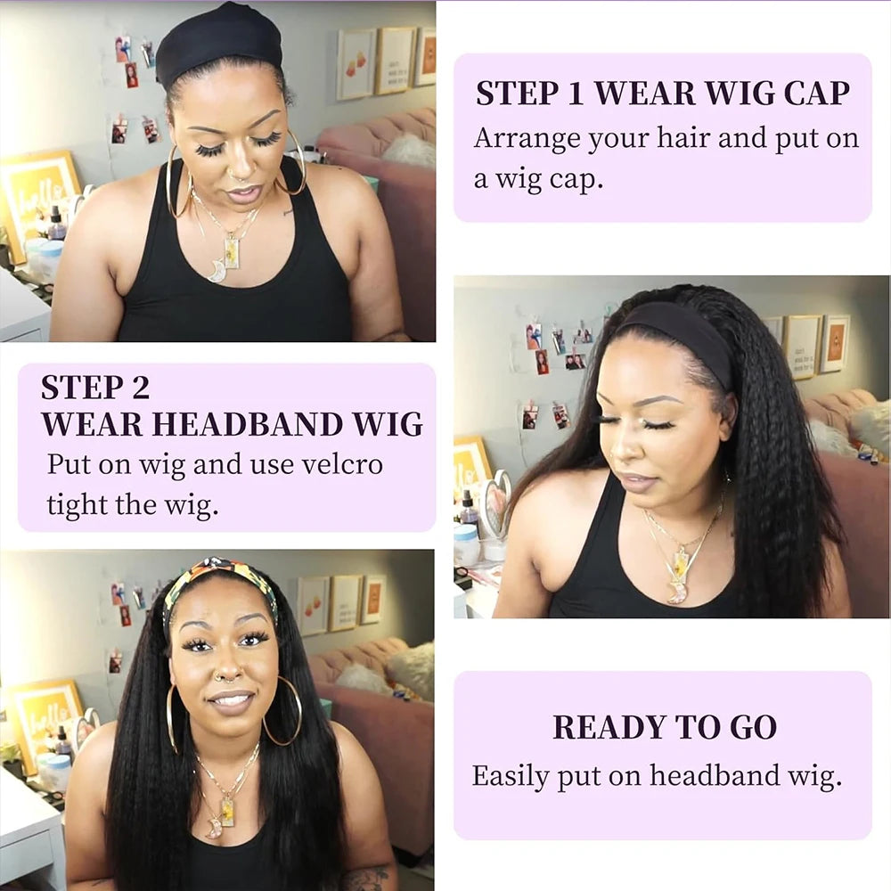 Kinky Straight Headband Wigs Human Hair Pull & Go 250 Density Half Wigs Human Hair Yaki Headband Glueless Wigs Human Hair Wig
