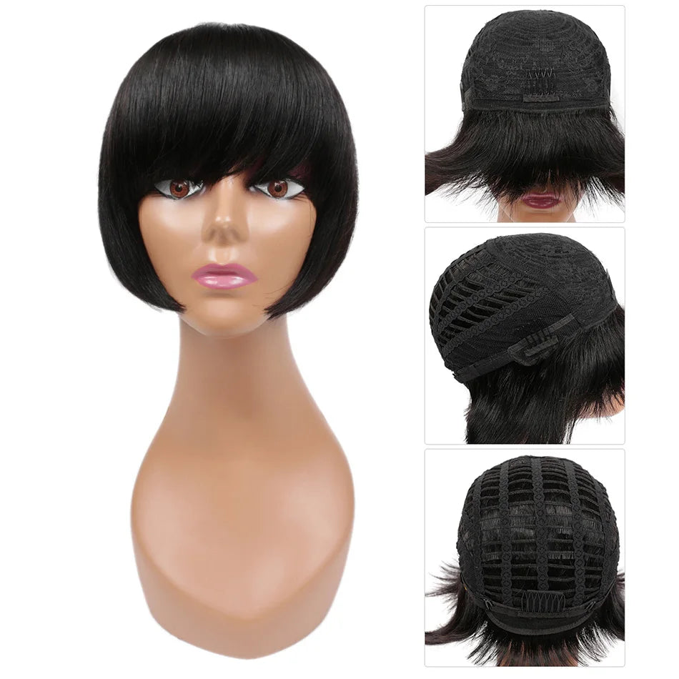 Straight Human Hair Wigs With Bangs Remy Brazilian Cute Bob Cut Human Hair Wig 100% Natural Bob Bangs Wig