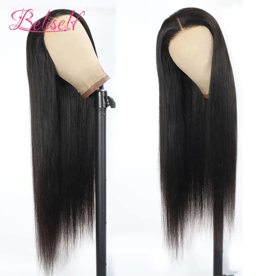 Beliself Glueless Human Hair Wig Straight 13x6 HD Lace Frontal Wig Pull Go Glueless Wig Human Hair with Elastic Drawstring
