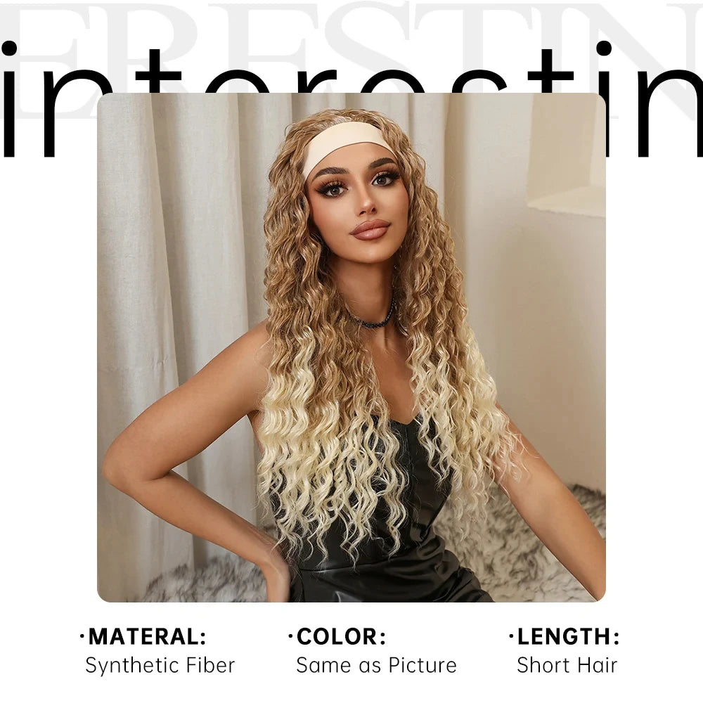 Headband Synthetic Wigs Long Afro Kinky Curly Golden Blonde Platinum Ombre Wig for Black Women Use Water Wave Wig Heat Resistant