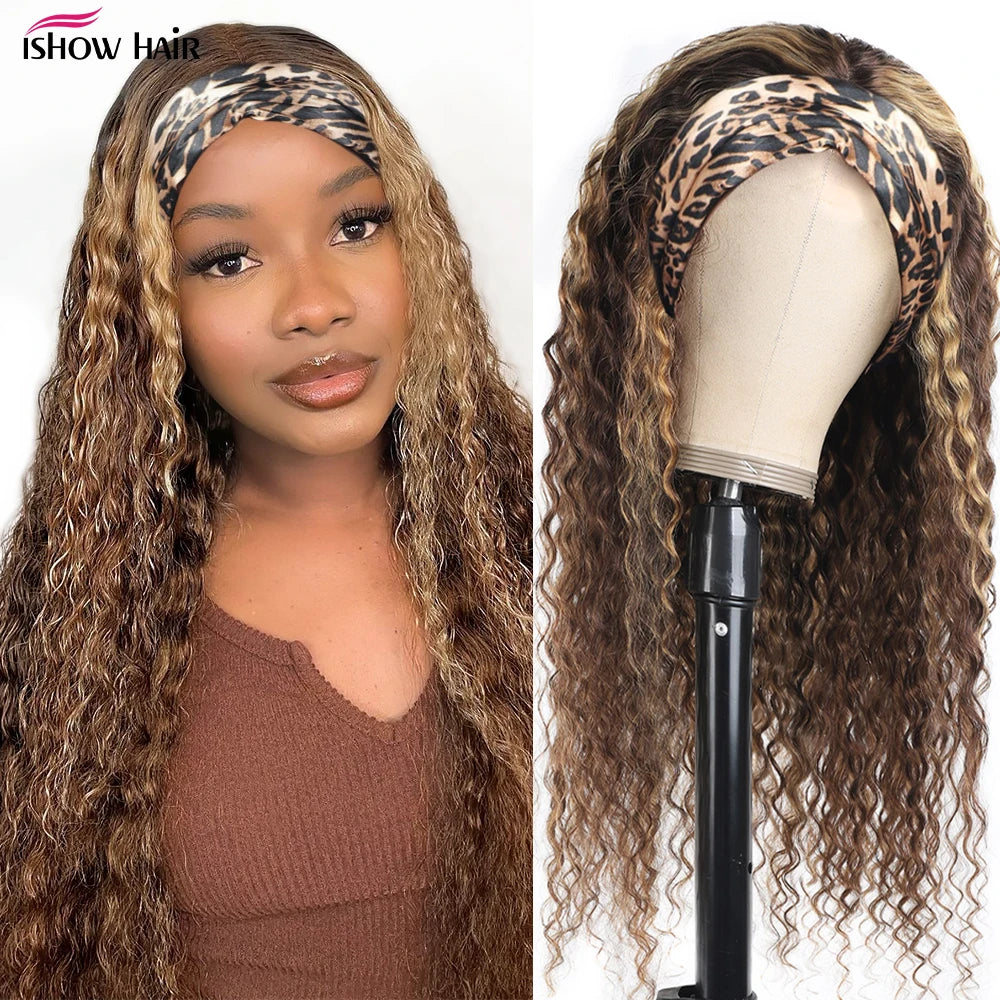 Headband Wig P4/27 Highlight Human Hair 250 Density Deep Wave Curly Human Hair Wigs Honey Blonde Colored Full Machine Made Wig