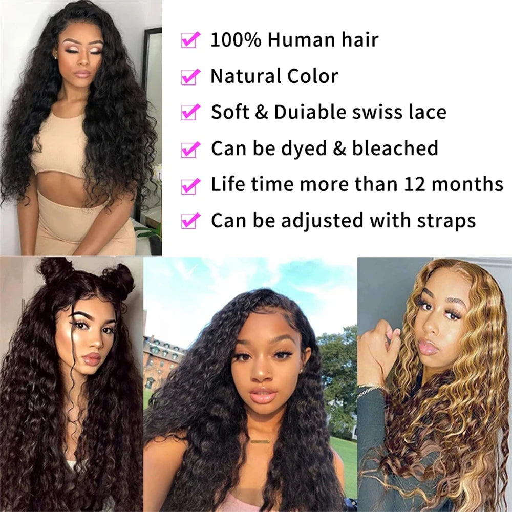 Water Wave Frontal Wig Human Hair Curly Human Hair Wig Transparent Lace Wig 13x4 Water Wave Wigs 200 Density Natural Color Wigs