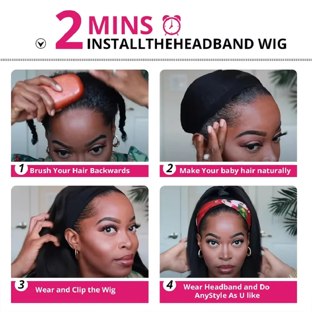 Headband Wigs Human Hair For Black Women Brazilian Remy Kinky Straight Human Hair Wig Ready To Wear And Go Beginner Friendly