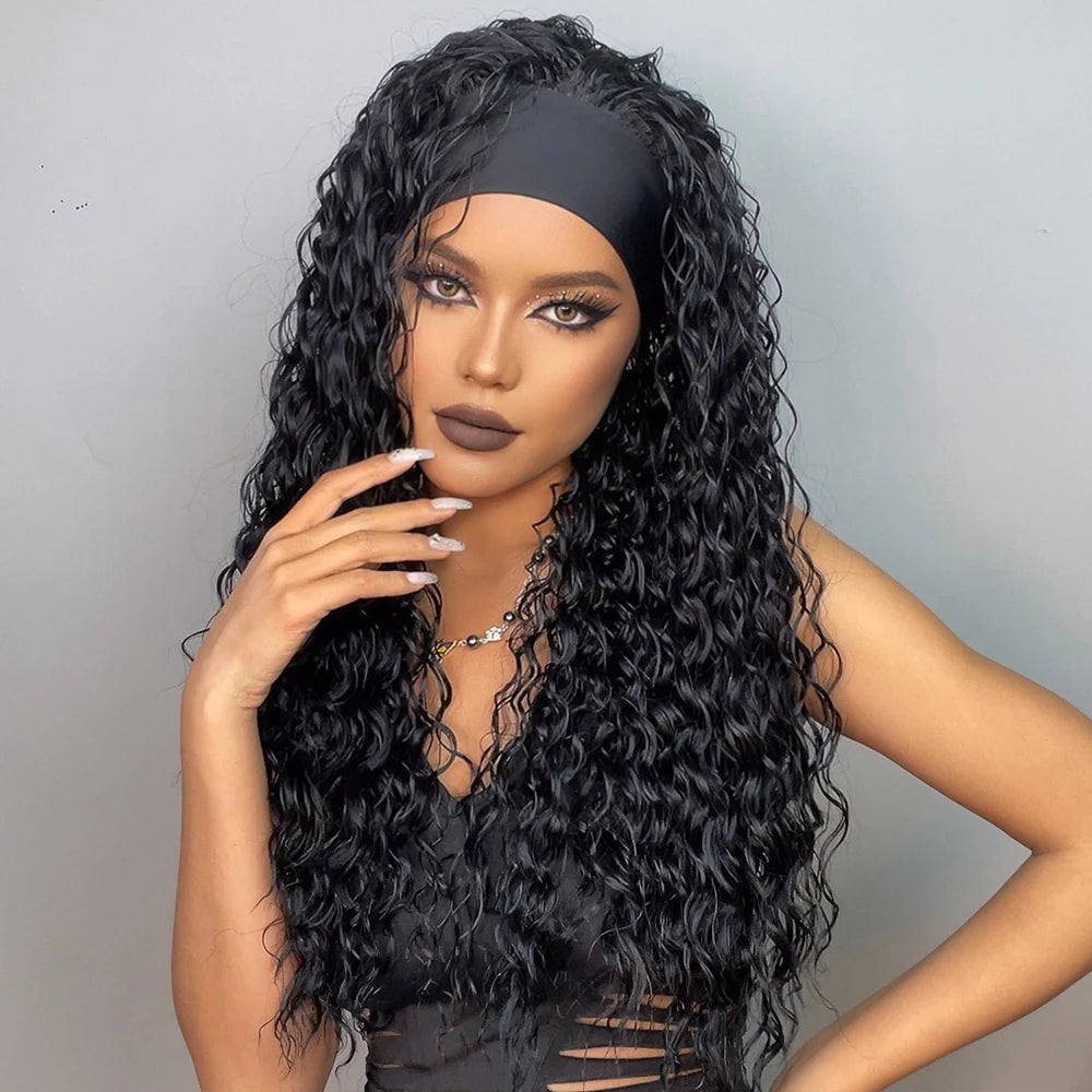 Curly Headband Synthetic Wigs Natural Black Long Women's Headband Wig Deep Water Wave Bohemian Hair For Black Women Fake Hair