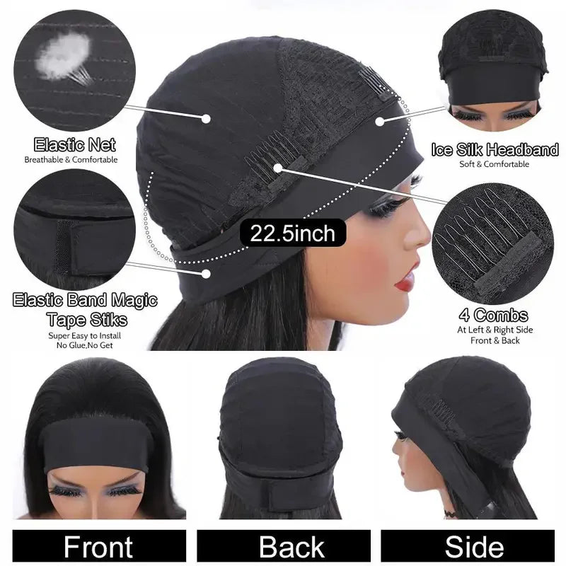 Headband Wigs-Water Wave Headband Wigs Human Hair For Women, 16-24 Inches Remy Hair Full Machine Made Black Curly Hair Band Wigs