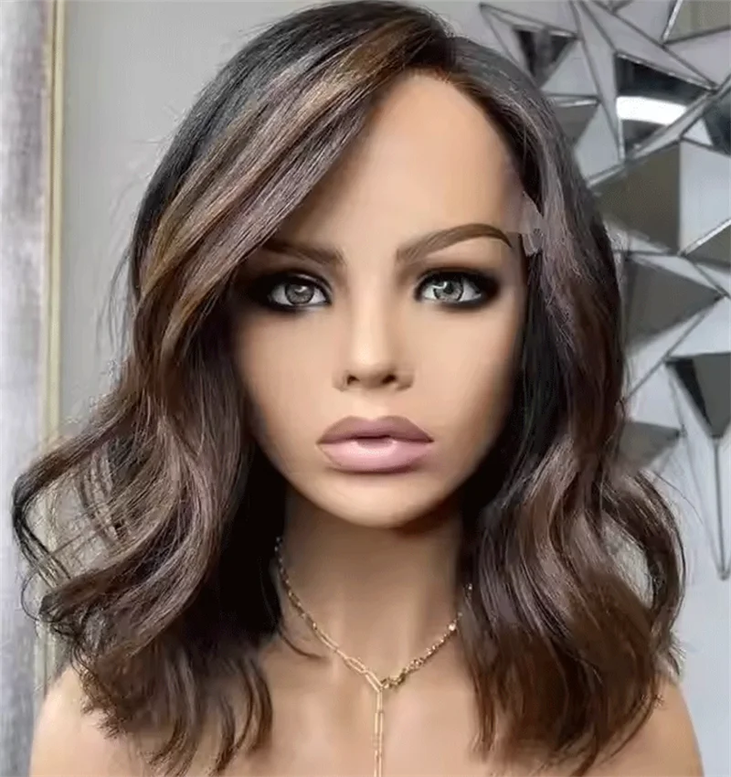 Wig Short Curly Darkest brown Blonde Streaks Synthetic Fibres Heat Resistant Lace Natural Hair Daily Use Cosplay