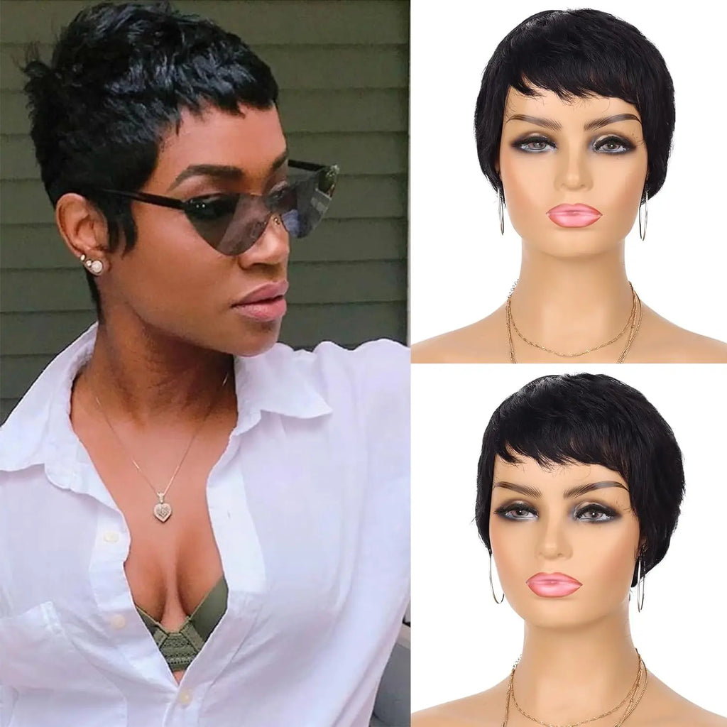Wear and Go Wig Pixie Cut Human Hair Wigs for Black Women None Lace Front Wig Short Layered Wigs with Bangs for Daily Wear