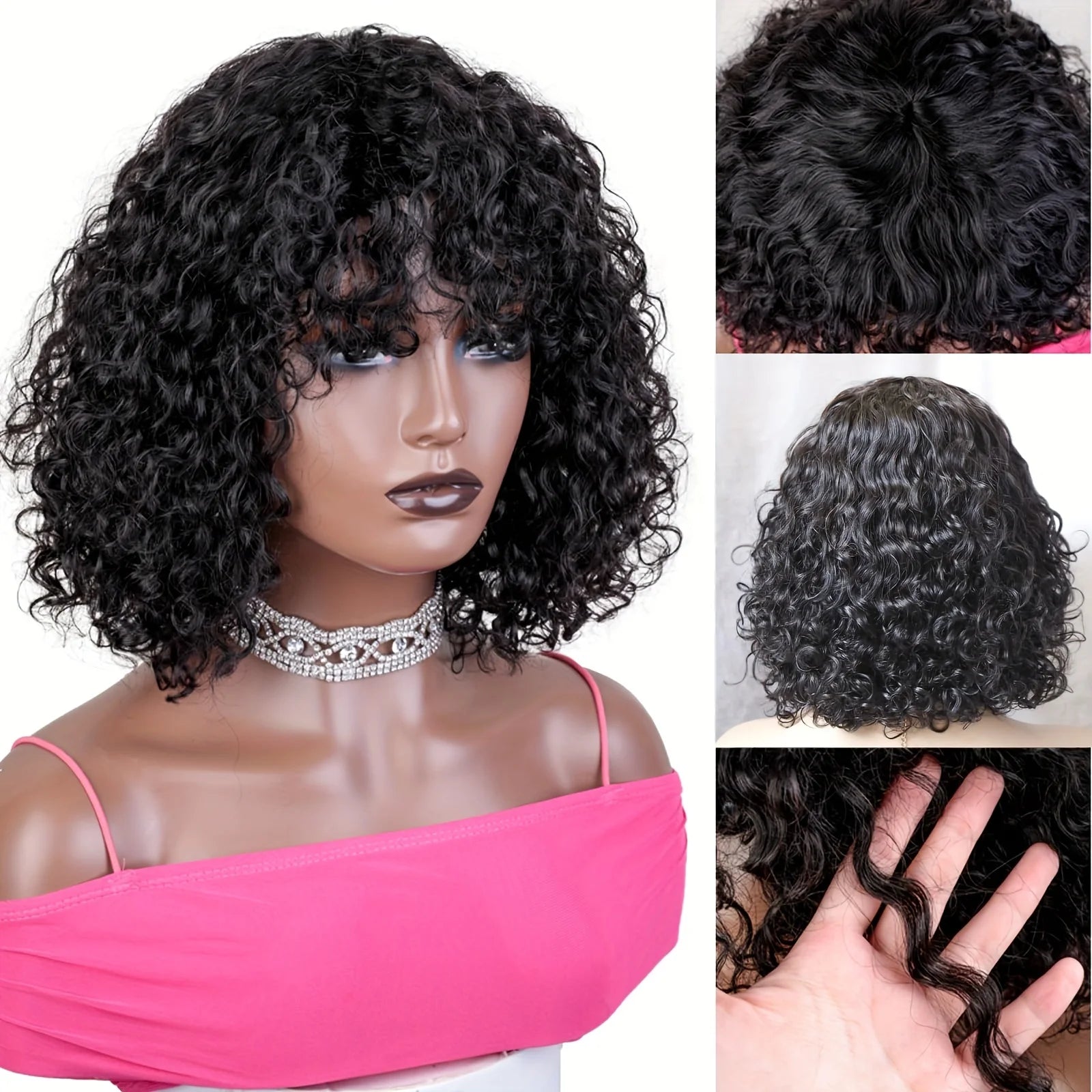 Curly Short Bob Cut Human Hair Wigs With Bangs Bob Wig Kinky Curly Wigs Human Hair Bob With Bang For Women Full Machine Made Wig