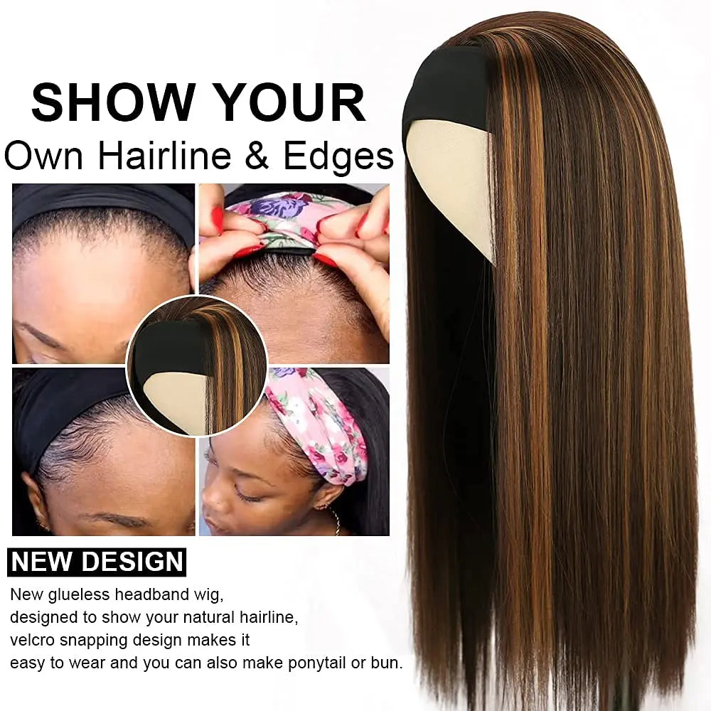 WIGNEE Long Straight Headband Wig Synthetic Wigs for Women Glueless Highlight Wig with Headband Easy to Wear Black Wig Daily Use