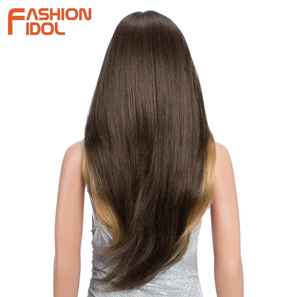 FASHION IDOL 26 Inch Long Straight Lace Front Wig With Bangs Synthetic Hair Ombre Black Blonde Highlight Cosplay Wigs For Women