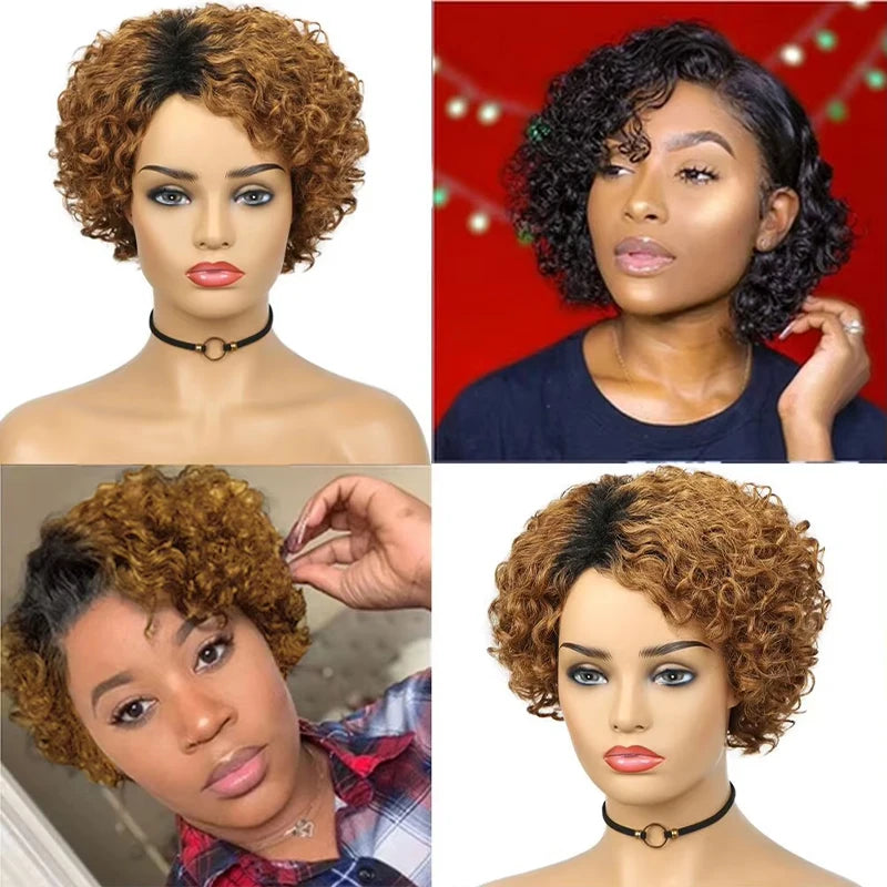 Short Curly Human Hair Wigs Afro Curly Wave Side Part Wig for Women Full Machine Made Human Hair Natural Black Blonde Wig