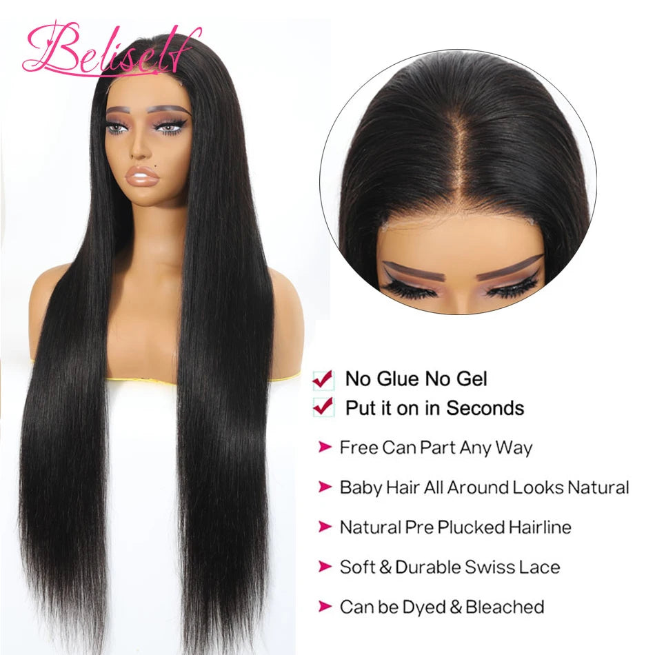 Beliself Glueless Human Hair Wig Straight 13x6 HD Lace Frontal Wig Pull Go Glueless Wig Human Hair with Elastic Drawstring
